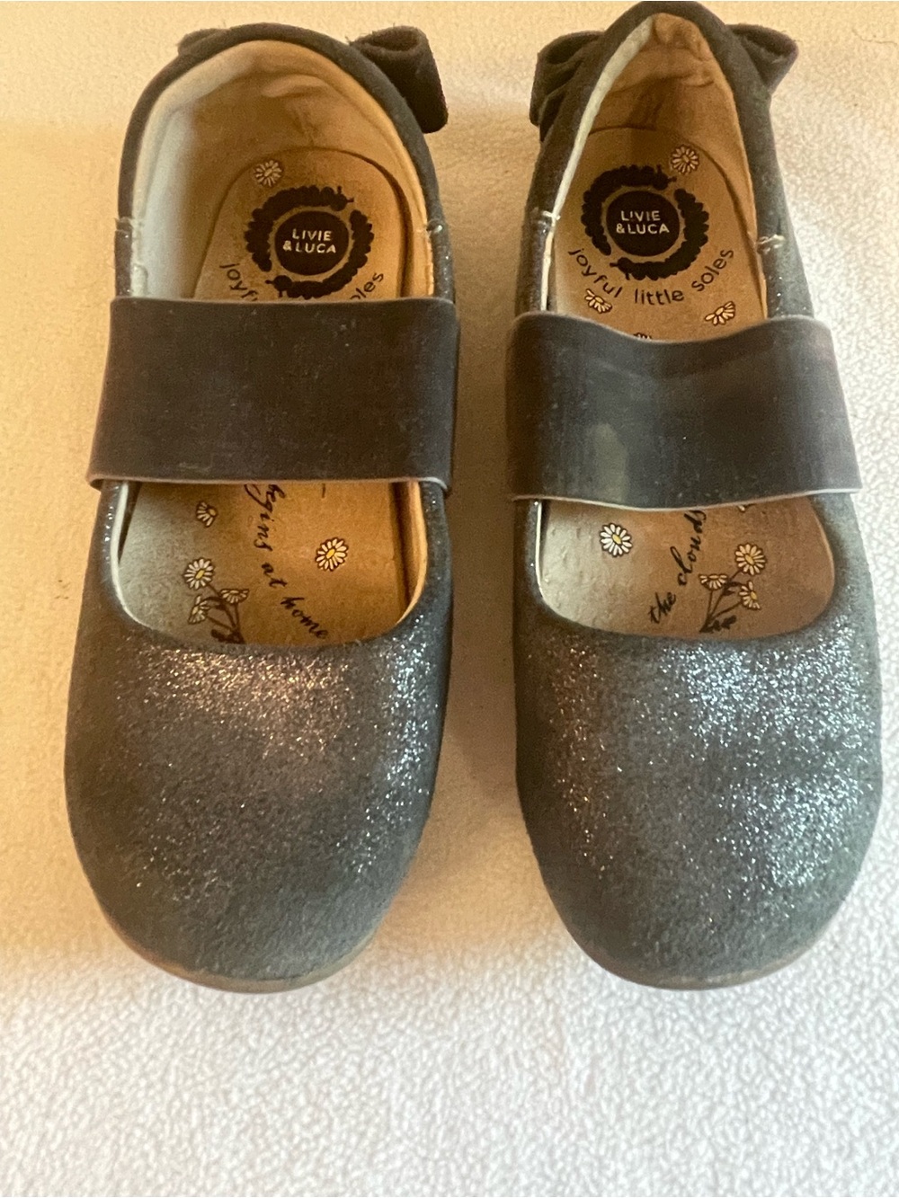 Livie & Luca Black Glitter Mary Jane Flats with Bow Accent